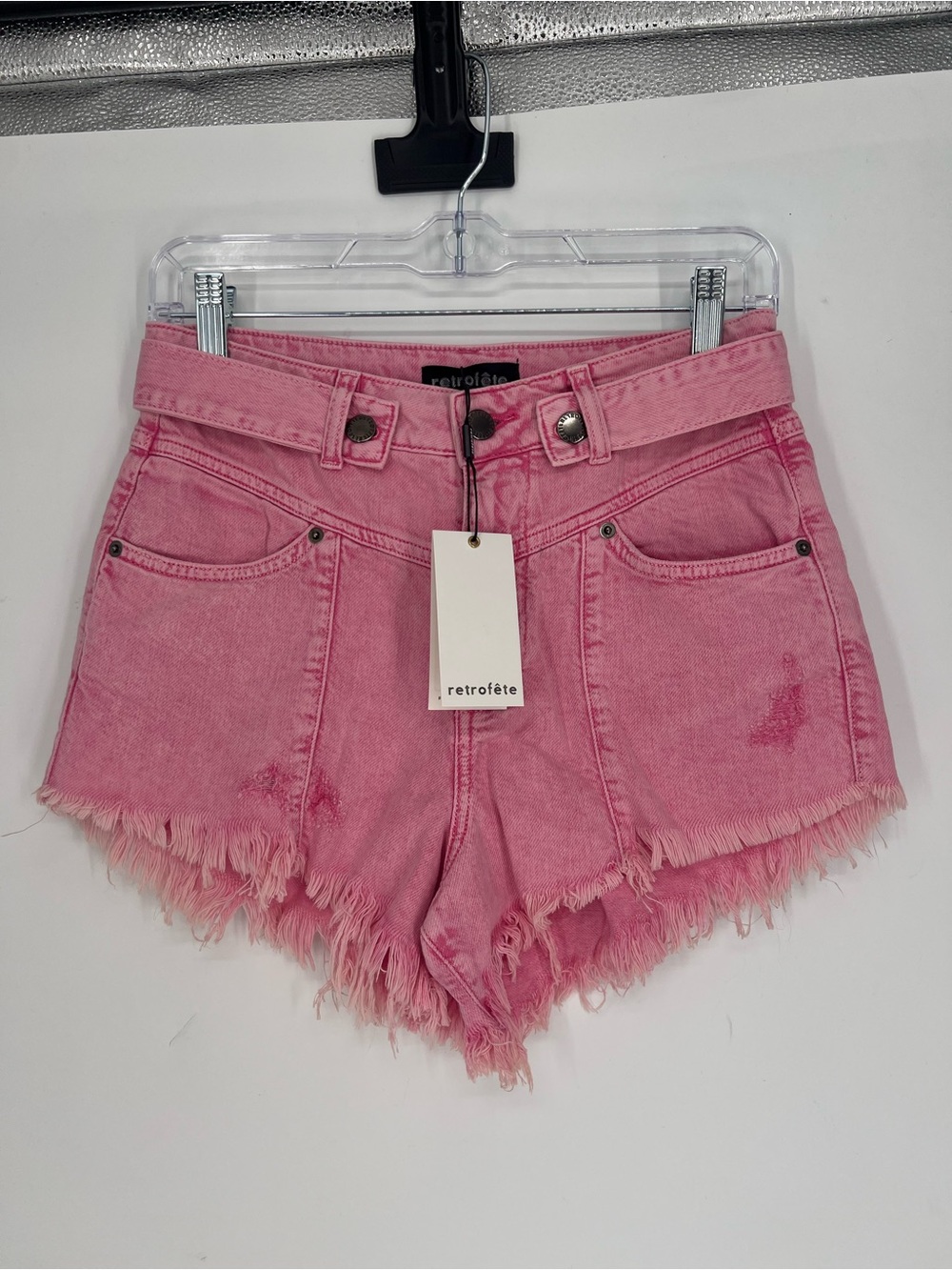 Retrofete Tessa Pink High-Waist Frayed Denim Cutoff Festival Designer Short NWT